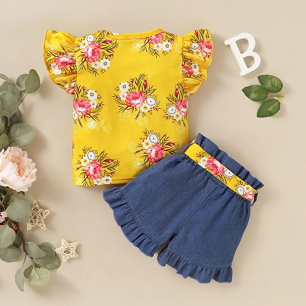 

TELOTUNY Children's clothing Toddler Baby Girls Sweater Ruffles Fly Sleeve Floral Print tshirt Tops+Denim Shorts Outfits Jun25