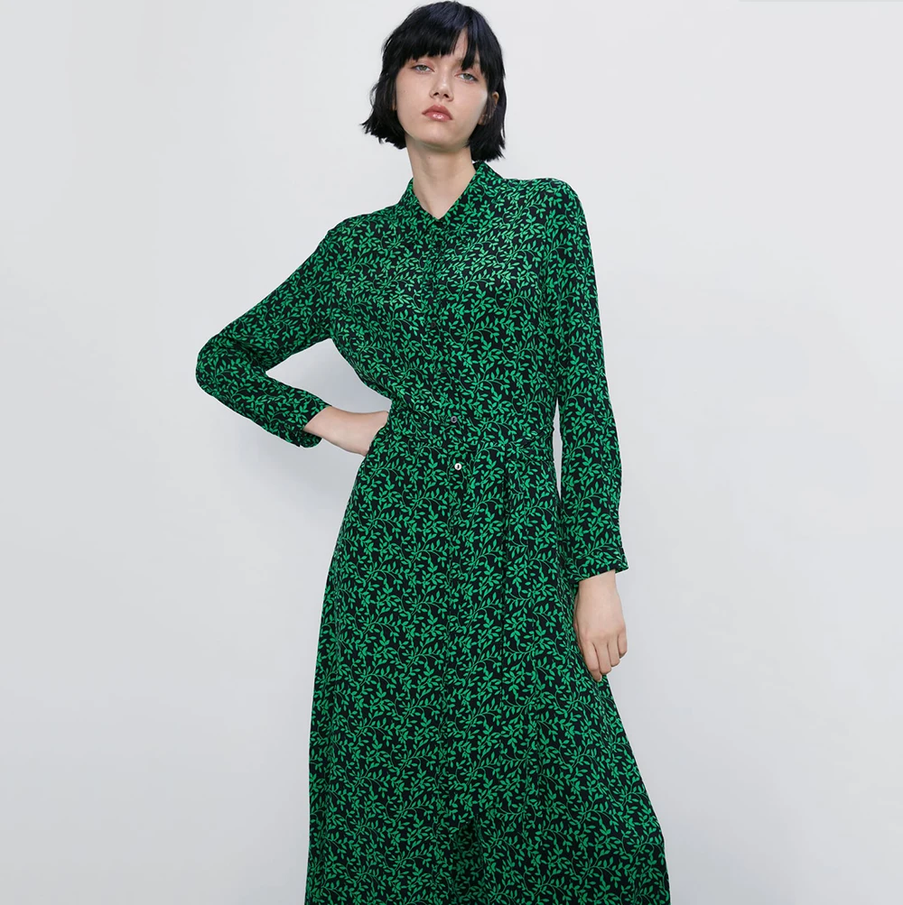 2019 ZA Новое Осеннее приталенное платье &quotваренка&quot Винтажное зеленое Макси