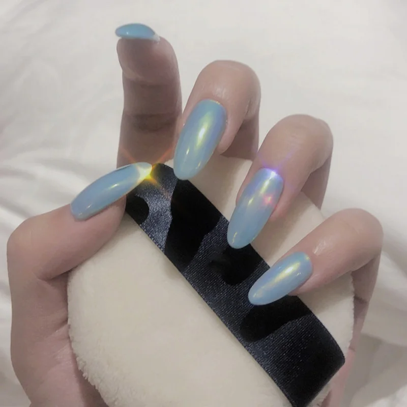 

24PCS/Box Blue mirror Polish Ultra Shiny Fake Nail Patch Long Length Round Head Wearable Finished Nails Easy Assembly BFC996