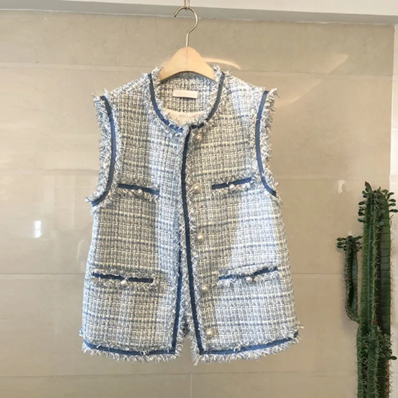 Женская твидовая куртка без рукавов подиумная однобортная с круглым вырезом и