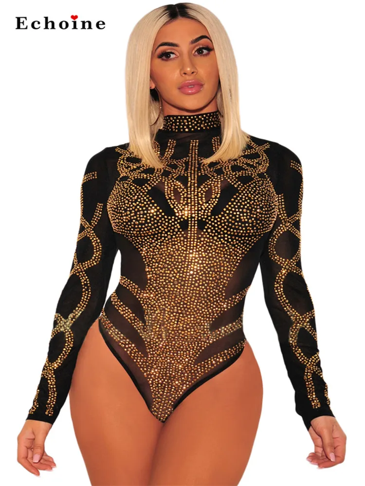 

U Women Sexy Jumpsuit Sheer Mesh Bodysuit Rhinestones Slim Nightclub Bustier Thong Bottom Streetwear Romper Costume Kits Catsuit