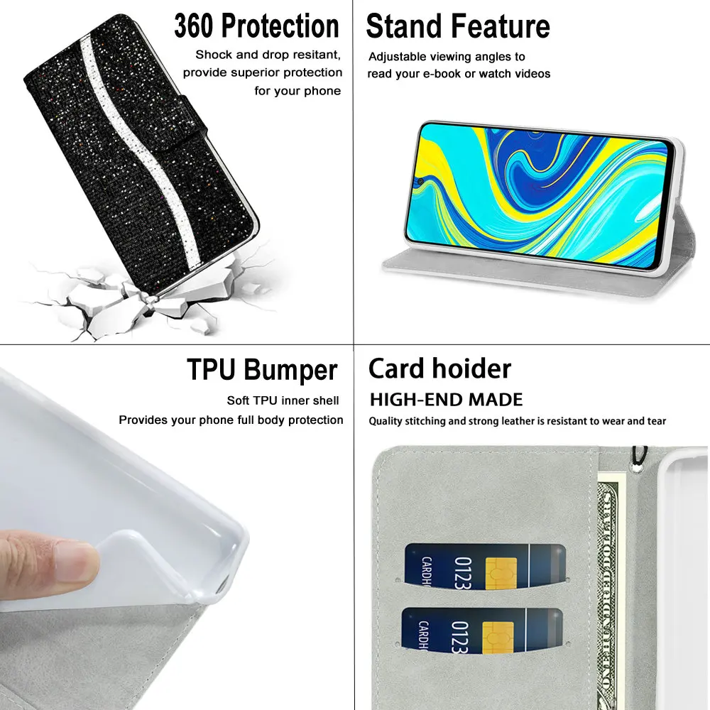 

Bling Glitter Sequins Leather Flip Case Coque for iPhone 11 Pro Max Luxury Case iPhone 12 Mini SE Xs Max Xr X 6S 7 8 Plus Cover