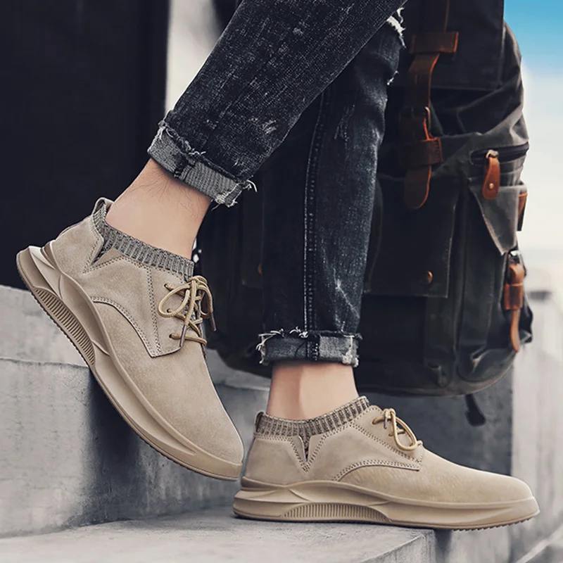 

2020 New Arrival Men Shoes Suede Leather Loafers Slip On Sock High Elastic Shoes Breathable Casual Sneakers Grey Khaki