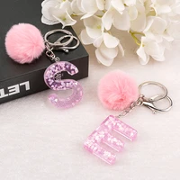 1pc woman keyring pink color english letter resin keychain with puffer ball 26 words a to z handbag charms