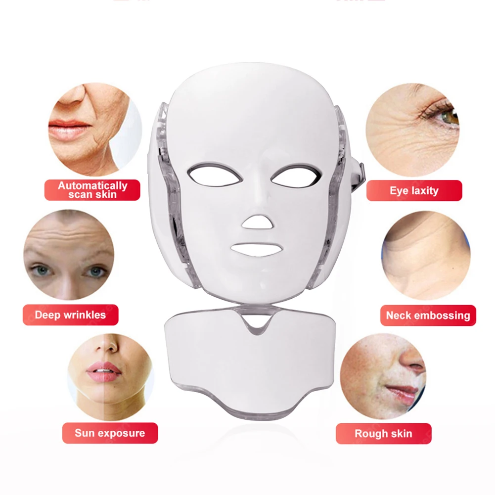 

7 Colors Light LED Facial Mask with Neck Skin Rejuvenation Face Anti Wrinkle Beauty Treatment Photon Therapy Spa Home