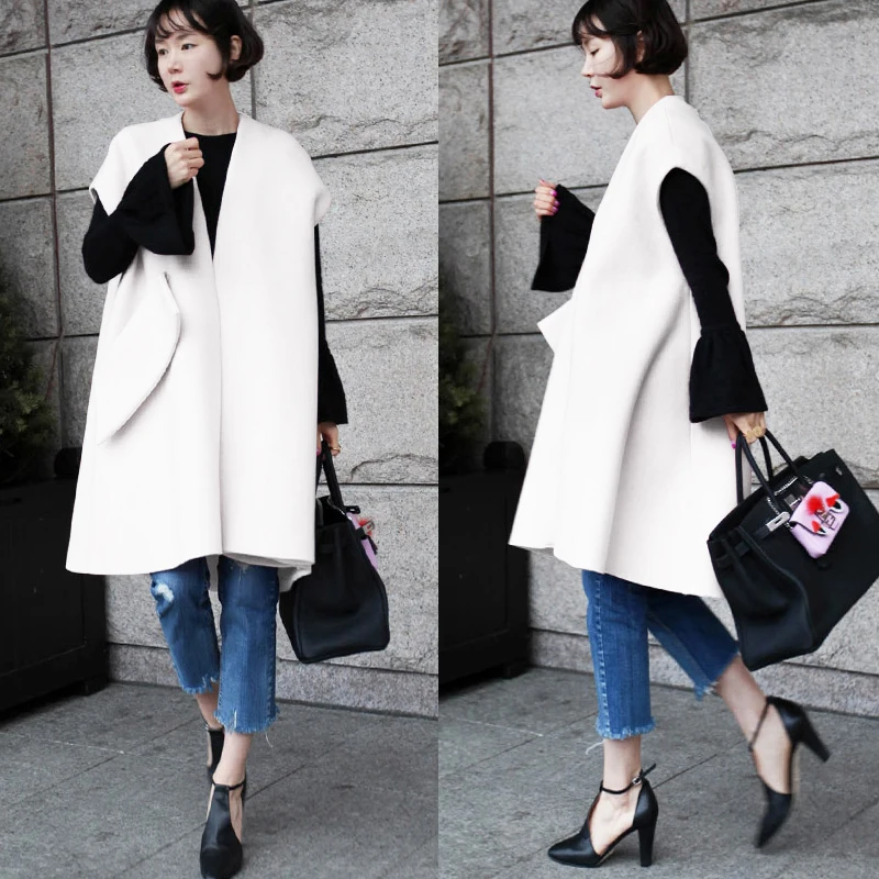 2019 зимнее новое шерстяное пальто без рукавов большой карман сумка для ветровки