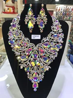 fashion fine jewelry set dubai crystal necklace earrings for wedding multicolor luxury rhinestone gold jewellery set