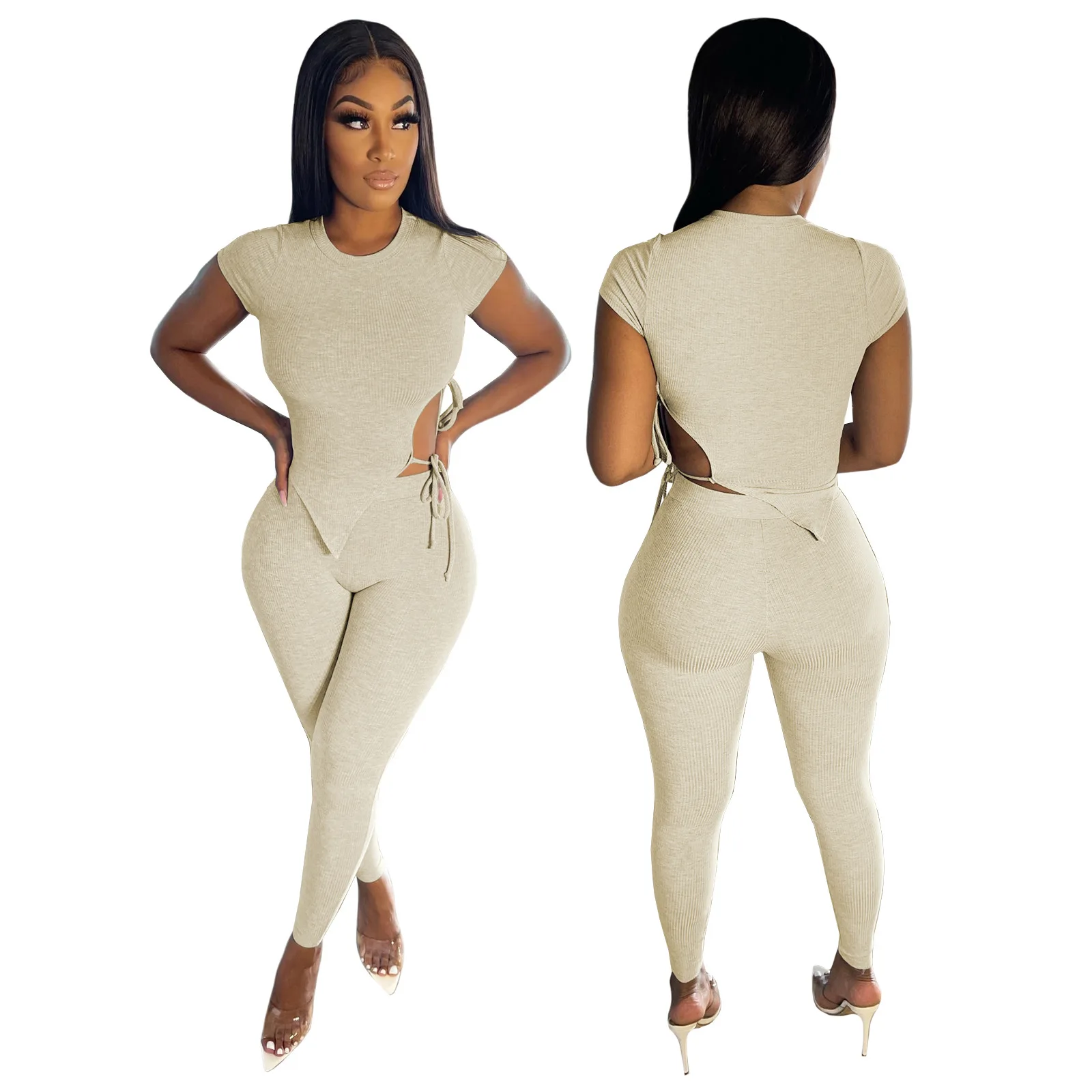 Женский трикотажный комплект из двух предметов однотонный укороченный топ с