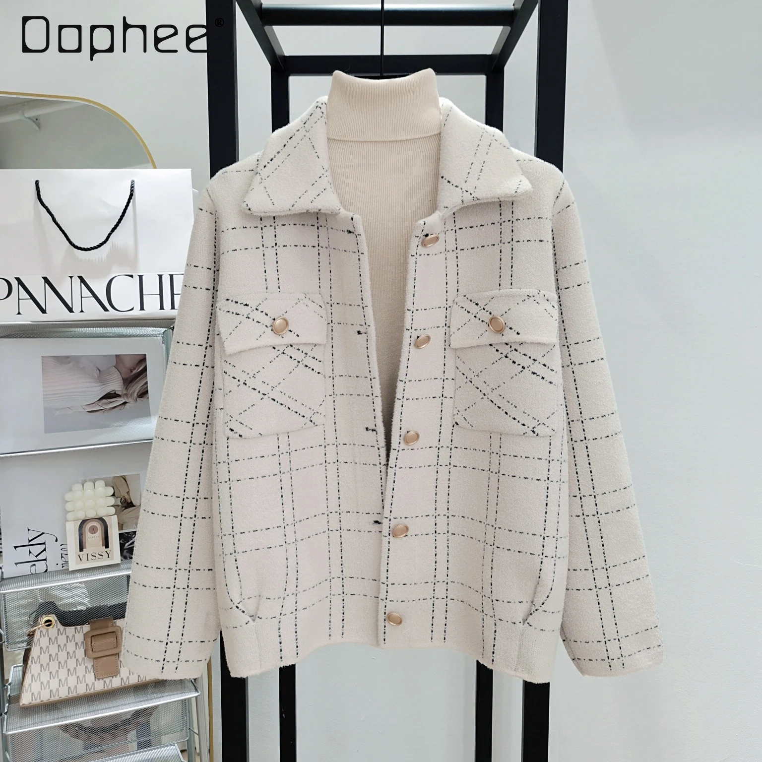 

Женский вязаный кардиган в клетку, осенняя одежда, новинка 2021, повседневное модное шерстяное элегантное пальто из искусственной шерсти, под...