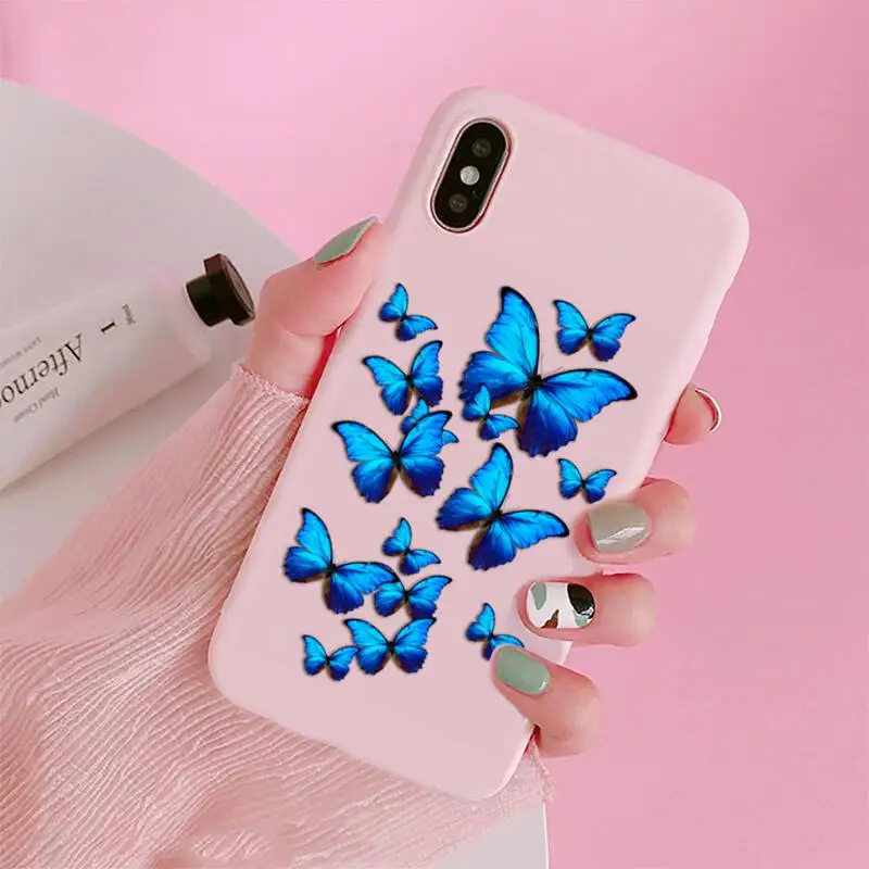 

Blue beautiful butterfly fashion Phone Case Candy Color Pink for iPhone 11 pro XS MAX 8 7 6 6S Plus X 5S SE 2020 XR