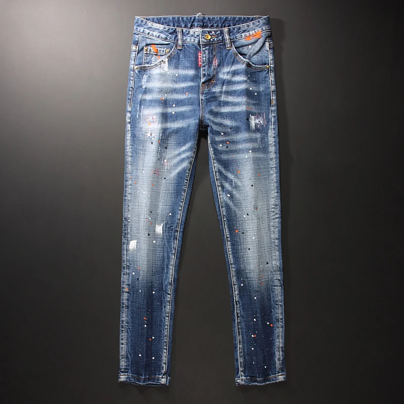 Европейские американские уличные модные мужские джинсы, синие эластичные узкие рваные джинсы в стиле ретро, мужские дизайнерские брюки-кар...