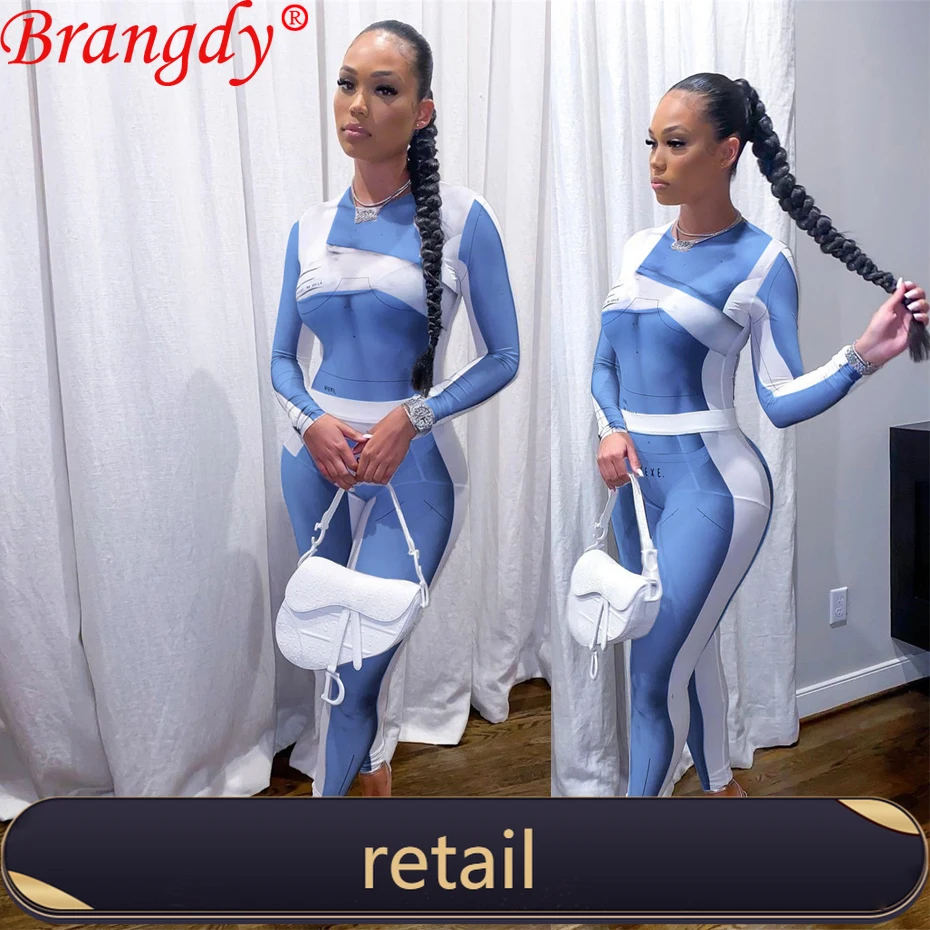 

2021 Autumn Winter Fashion Patchwork Print Two Piece Set Long Sleeve Skinny Outfits Tracksuit Womens Clothing B7991