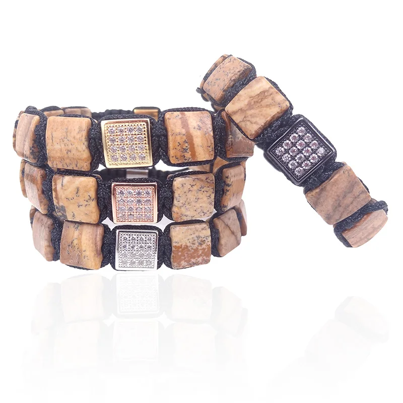 Природные изображения Jaspers квадратный камень и серебряный цвет cz бусины Шарм