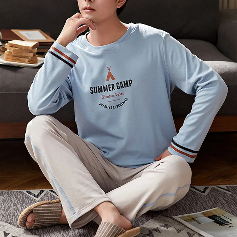 

Spring Pajamas For Men Cotton Loose Sleepwear Home Costumes Male Casual Homewear Long Sleeve Pajama Pants Set 2021 New Plus Size