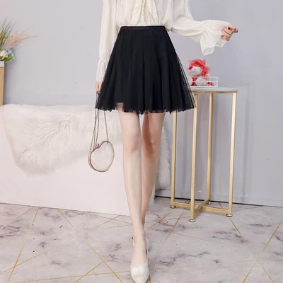 black skirt Новинка, винтажная плиссированная мини-юбка, Женская Корейская фатиновая сетчатая юбка с высокой талией, Розовая белая трапециевидная короткая юбка, весна-лето Falda - Цвет: black skirt
