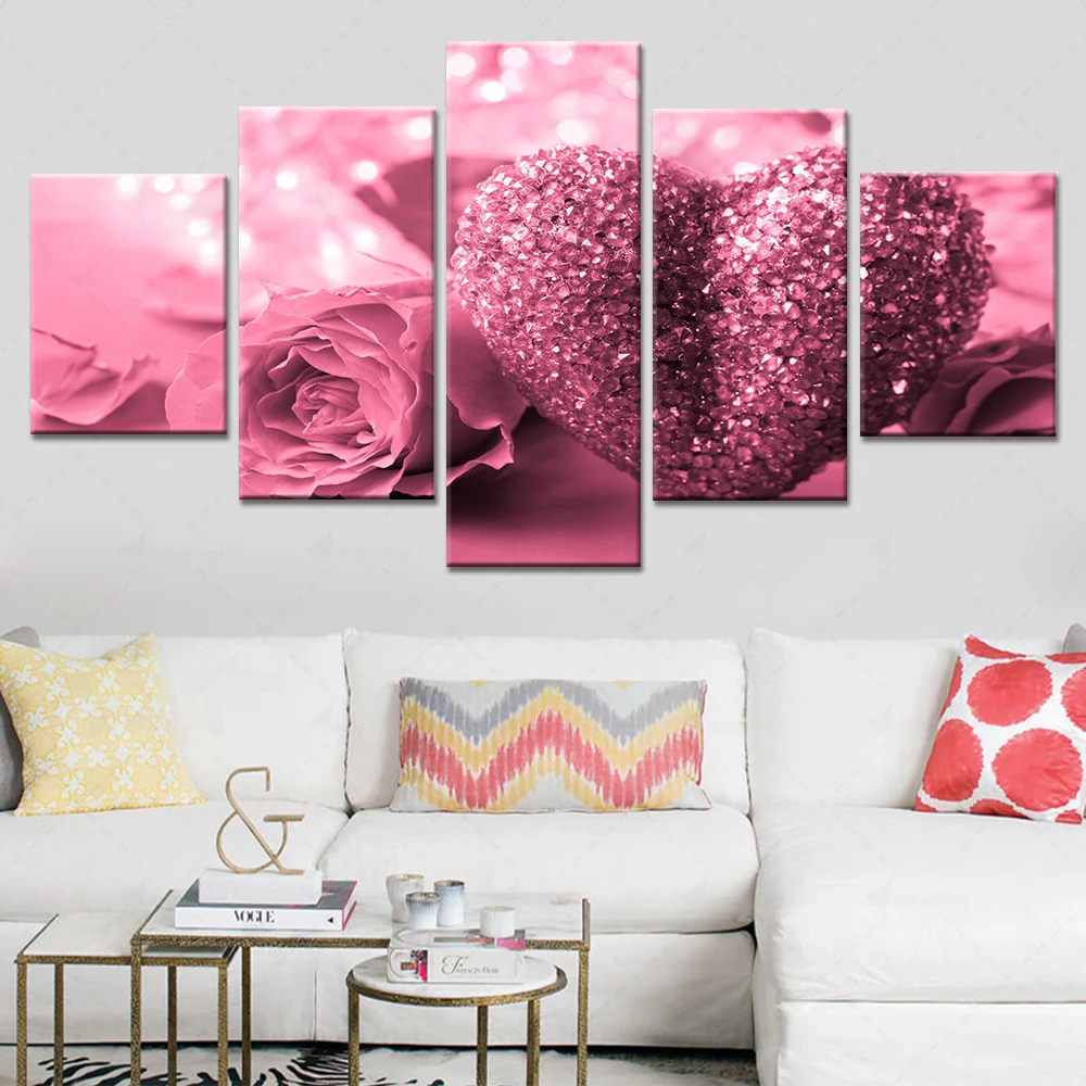 

Artsailing Pink Flower Rose Heart Shape Decorative Painting Wall Hanging Decor Core HD Printing Unframed 5 Pieces Wall Artwork