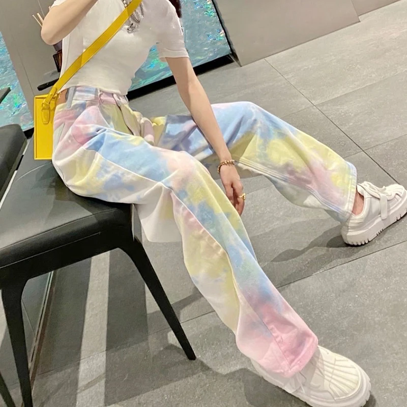 

Casual Woman Thin Tie-Dyed Wide Leg Jeans 2021 Summer Loose Women's High Waist Drape Straight Jean Pant Sweet Mop Denim Trousers