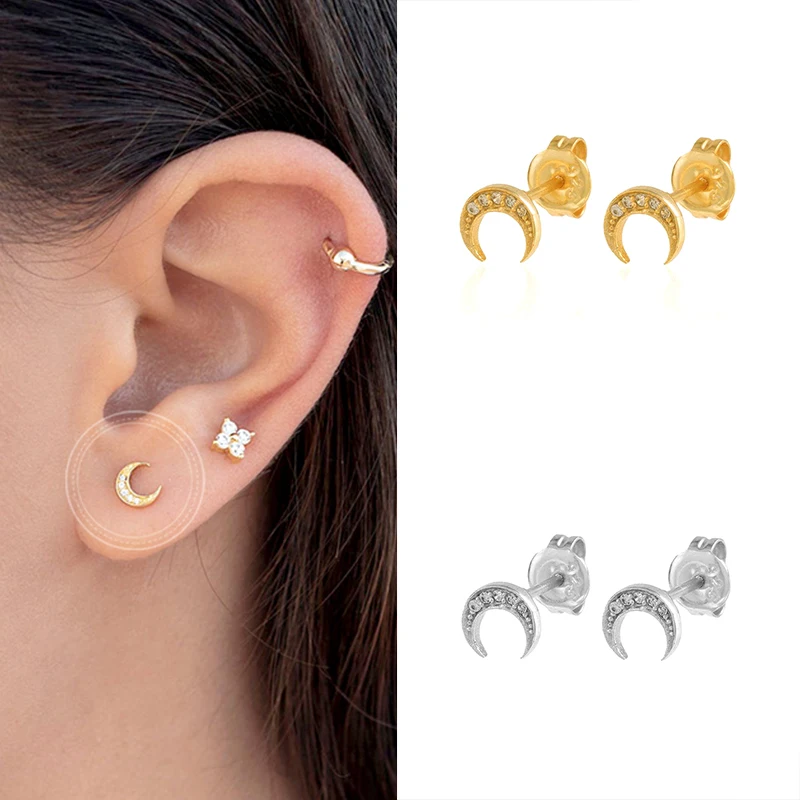 

925 Sterling Silver Ear Needle Moon Stud Earrings Simple Gold And Silver Ladies Earrings Fashion Jewelry Birthday Gifts