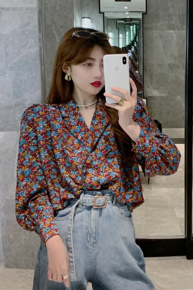 

COIGARSAM Loose Shirt Womens tops Summer Print Puff Sleeve Women shirts Floral 0535