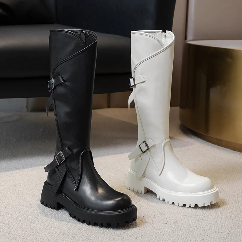 

MoonMeek 2020 New arrival women boots med heels square toe buckle ladies shoes winter solid color knee high boots black white