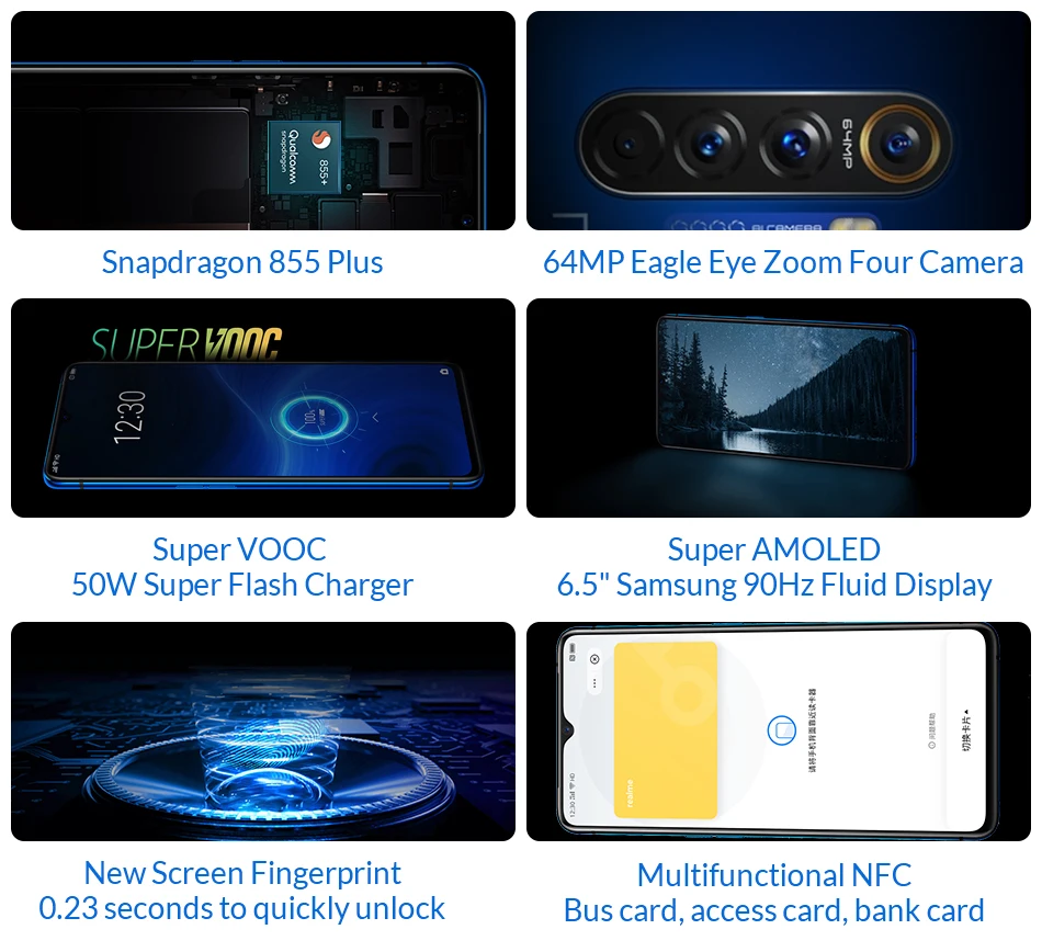 Realme X2 Pro 8RAM 128ROM 6," NFC мобильный телефон Snapdragon 855 Plus 64MP Quad камера смартфон 50 Вт Супер VOOC быстрое зарядное устройство