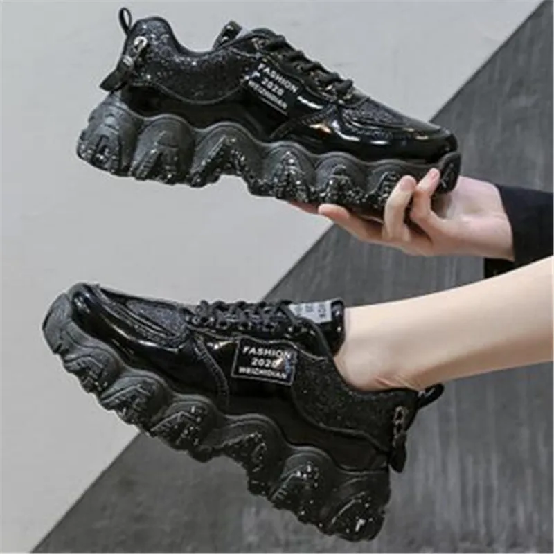 

2020 Shoes Women Chunky Sneakers Fashion Lace Up Platform Vulcanized Shoes Female Walking Comfortable Trainers White Silver