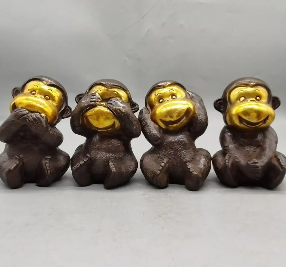 Китайская латунная архаизовая четырёхобезьянная маленькая поделка статуя набор