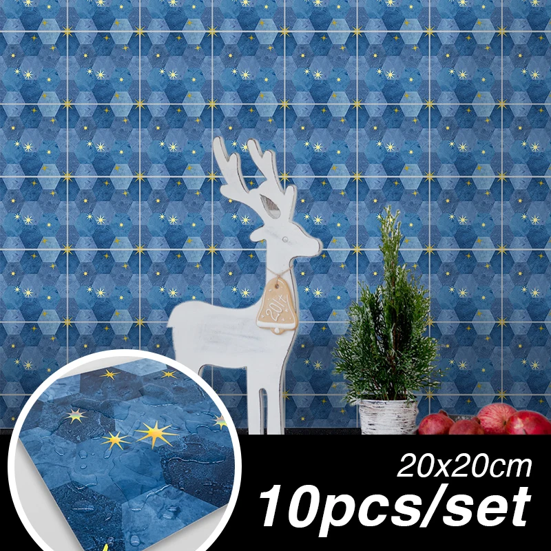 

Marble Wall Stickers for Bathrooms Girls Kitchen House Decoration Blue Gold Star Waterproof Tile Sticker 10pcs