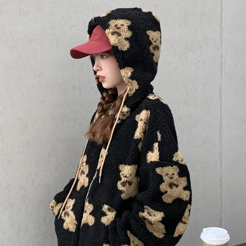 

Women Winter Fuzzy Plush Hoodie Jacket Cartoon Bear Print Oversized Loose Coat Harajuku Warm Zip Up Sweatshirt Outwear
