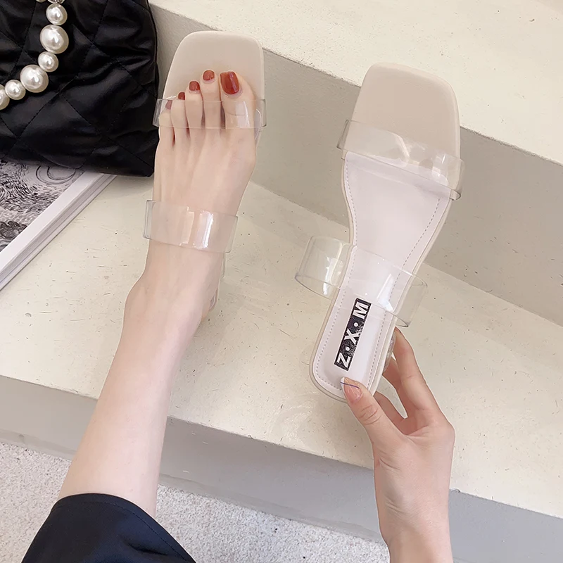 

Shoes Woman 2021 Transparent Slippers Med Glitter Slides Square heel Pantofle Platform Summer Jelly Block Flat Soft New Rubber H