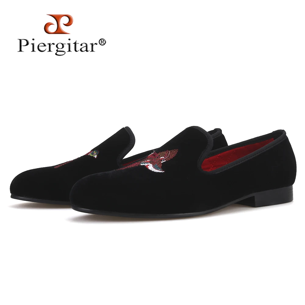 Piergitar handmade bird embroidery men velvet shoe party loafers banquet smoking slippers men's flats plus size | Обувь
