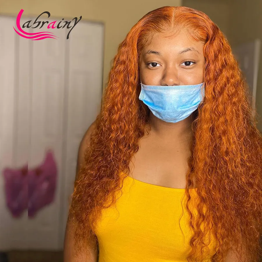 13X5 Orange Kinkly Curl Human Hair Wigs 40 Inch Ginger Deep Weave Hd Lace Frontal Woman Full Colored Bleached Pre Plucked 13x6 | Шиньоны и