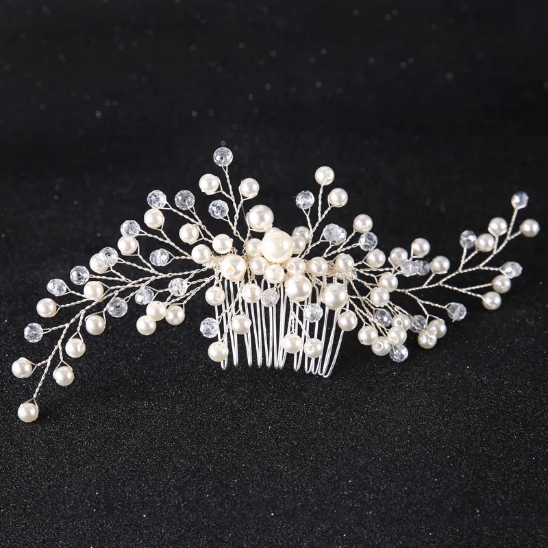 

High Quality Handmade Pearl Crystals Hair Comb Bride Tiara Crown Headpiece Wedding Bridal Women Jewelry Accessories