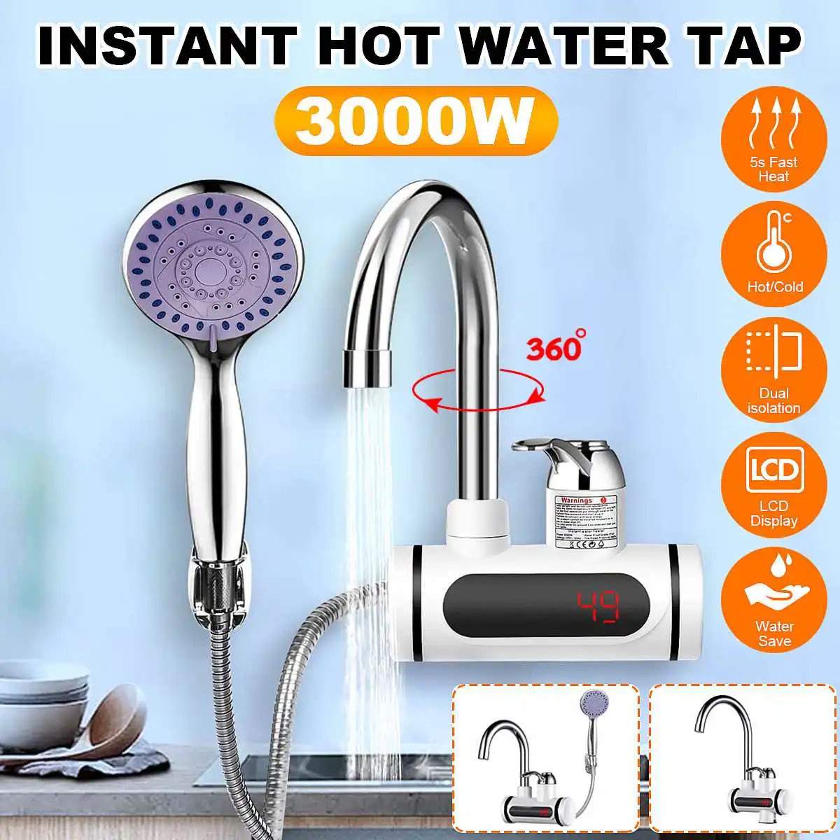 

3000W 220V Instant Electric Faucet Tap Hot Water Heater Stainless Steel Under Inflow LED Display Water Heater+Shower