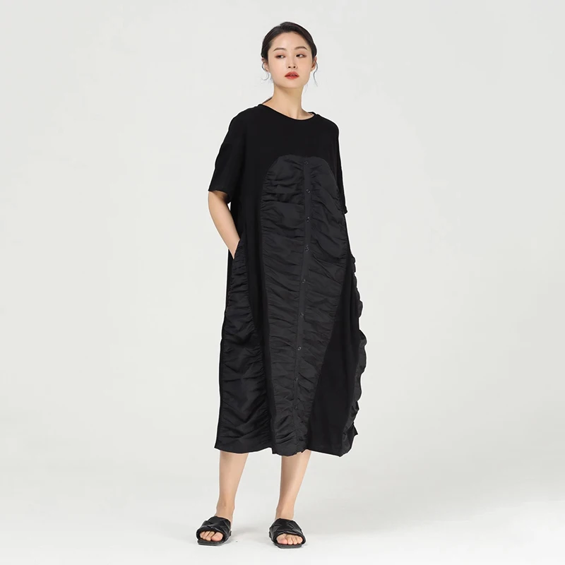

CHICEVER Solid Black Dress For Women O Neck Short Sleeve Ruched Loose Oversized A Line Mid Dresses Female 2021 Spring Clothing