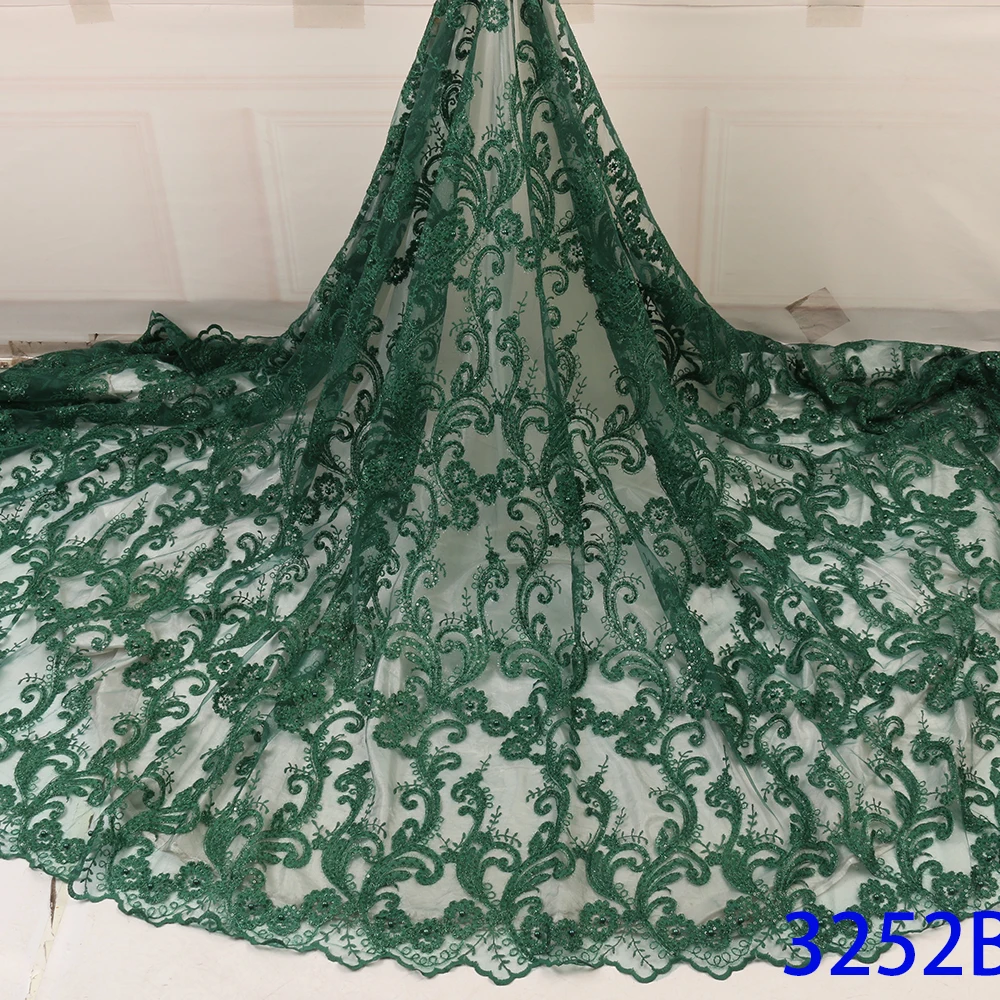 

New High Quality African Lace Fabric Emerald French Mesh Net Lace Nigerian Sequins Lace Fabrics for Party Wedding XZ2971B-5