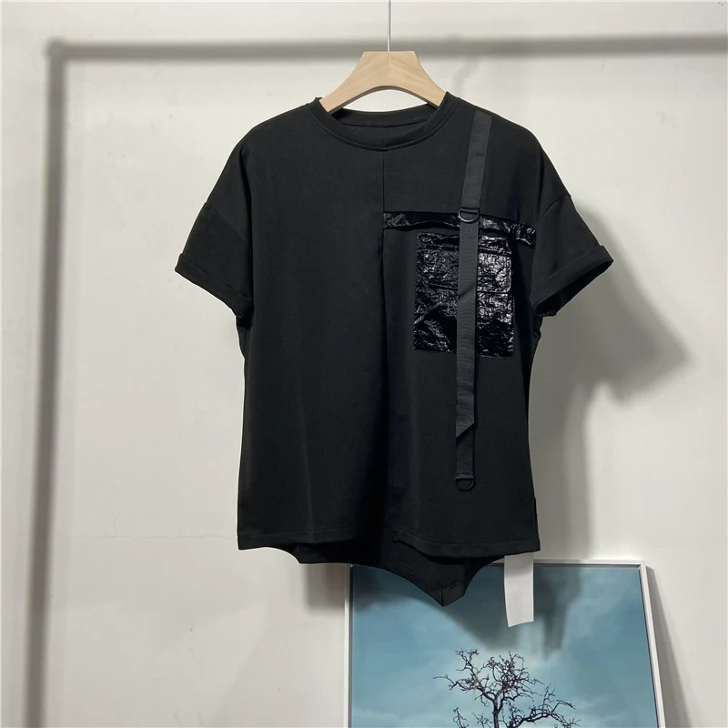 

Summer fashion men's chest ribbon large pocket round neck short sleeve T-shirt hip hop loose black personalized original T-shirt