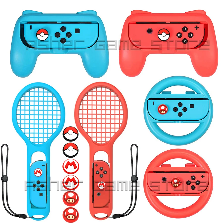 

12 in 1 Game Accessories 2 Steering Wheel 2 Tennis Racket 2 Handle Grip 6 Cover for Nintend Nintendo Switch Joy Con Controller