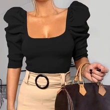 Vintage Puff Sleeve Women Blouse Square Neck Korean Style Tops Lady Elegant Sexy Slim Fit Crop Blouse White Black Orange Tops