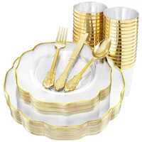 60pcs disposable tableware transparent flower petal shape gold rim plastic plate cup silverware birthday wedding party supplies
