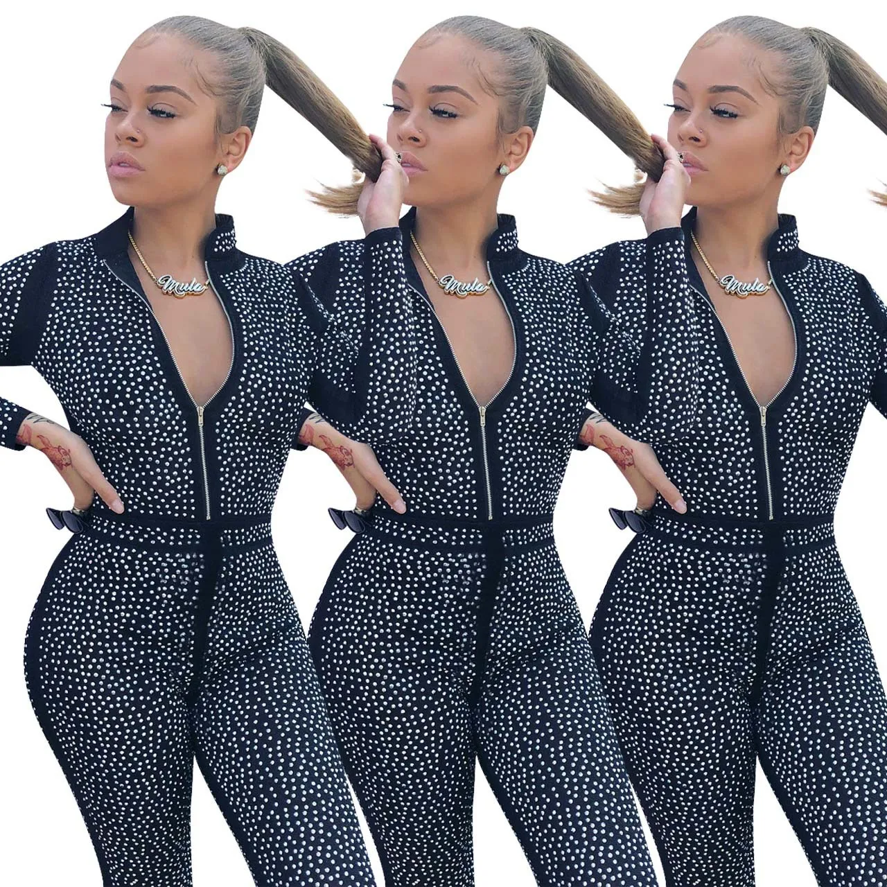 Sexy Night Party Club Sheer Mesh Diamonds Bodycon Jumpsuit Women Casual Zipper V Neck Playsuit Rompers Female Overalls Outfits