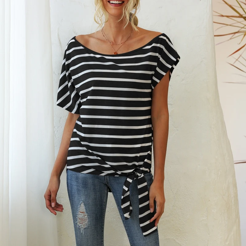 

Женская футболка в полоску с косой горловиной и принтом, свободные топы с короткими рукавами черного цвета, размер XL
