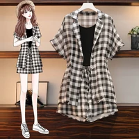 2021 summer new large size womens clothing tight waist slimming youthful fashionable plaid top and shorts two piece set