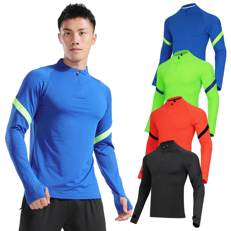 

Running Shirt Sport Men Fashion Gym Compression Workout Dry Quick Long Sleeves Finger Hole Zipper Neck Bodybuilding Jerseys