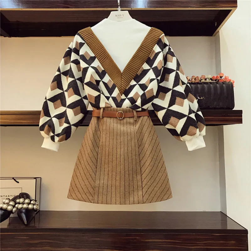 

ZAWFL 2021 Autumn Winter korean OL 2 piece set Vintage Pullover V Collar Sweater Top +A line Plaid midi Skirt Two-Piece Set