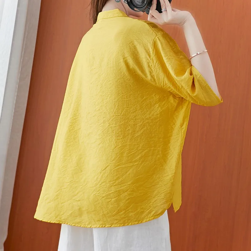 

Oversized Women Cotton Linen Casual Shirts New Arrival 2021 Summer Simple Style Vintage Stand Collar Loose Female Tops S2852