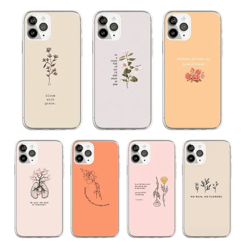 

Great Aesthetic Flower art letters Phone Case Transparent soft For iphone 5 5s 5c se 6 6s 7 8 11 12 plus mini x xs xr pro max