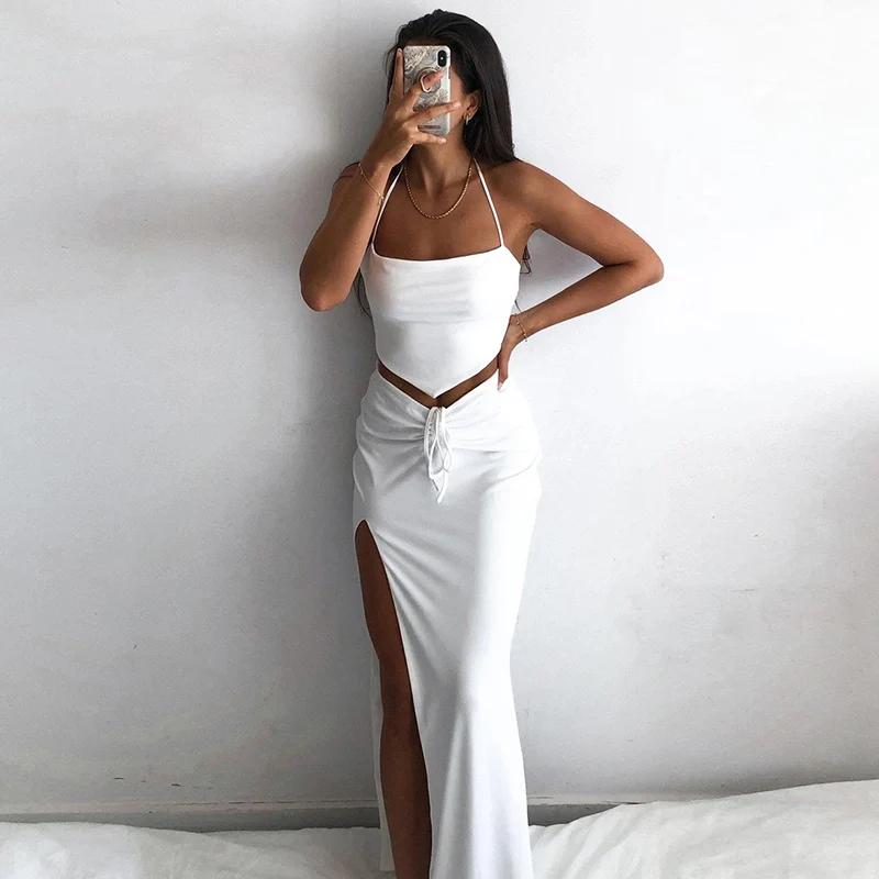

AIIOU 2021 Fashion Vacation Two Piece Set Women Bandage Top+Side Split Midi Skirt Drawstring Lace Clubwear Outfits