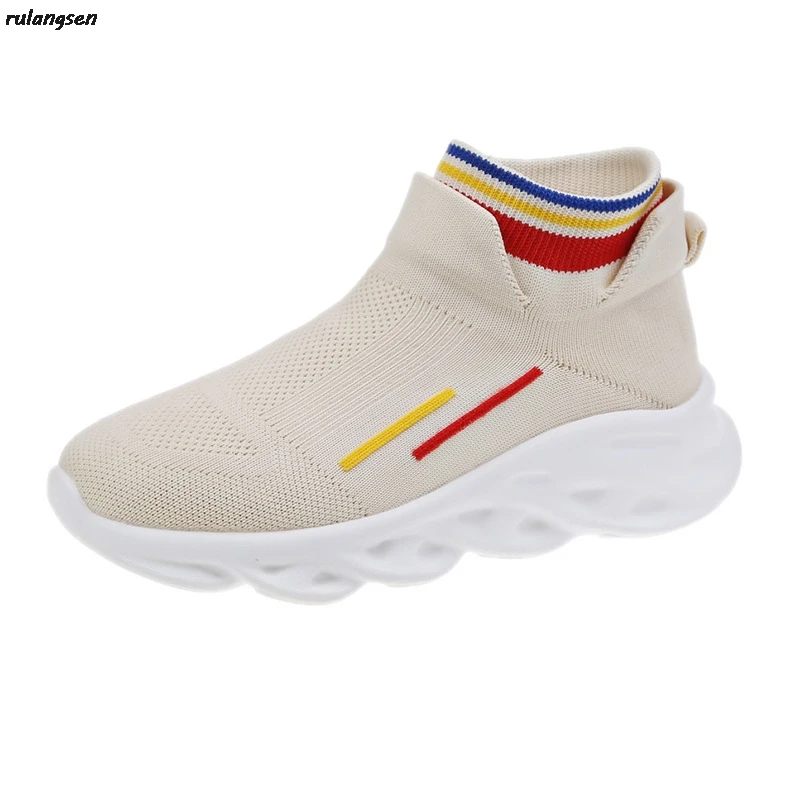 

High Stretch Socks Shoes Women Spring New Korean Version of Flying Woven Increased Net Shoes Thick-Soled High-Top Daddy Shoes
