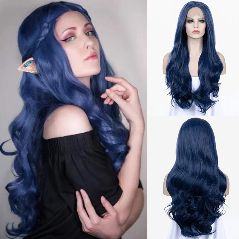 

AIMEYA Dark Blue Long Wavy Synthetic Lace Front Wigs for Women Middle Part Half Hand Tied Daily Wear Cosplay Wigs
